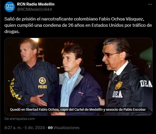 Fabio Ochoa released, 25 years in prison, released, drug trafficker