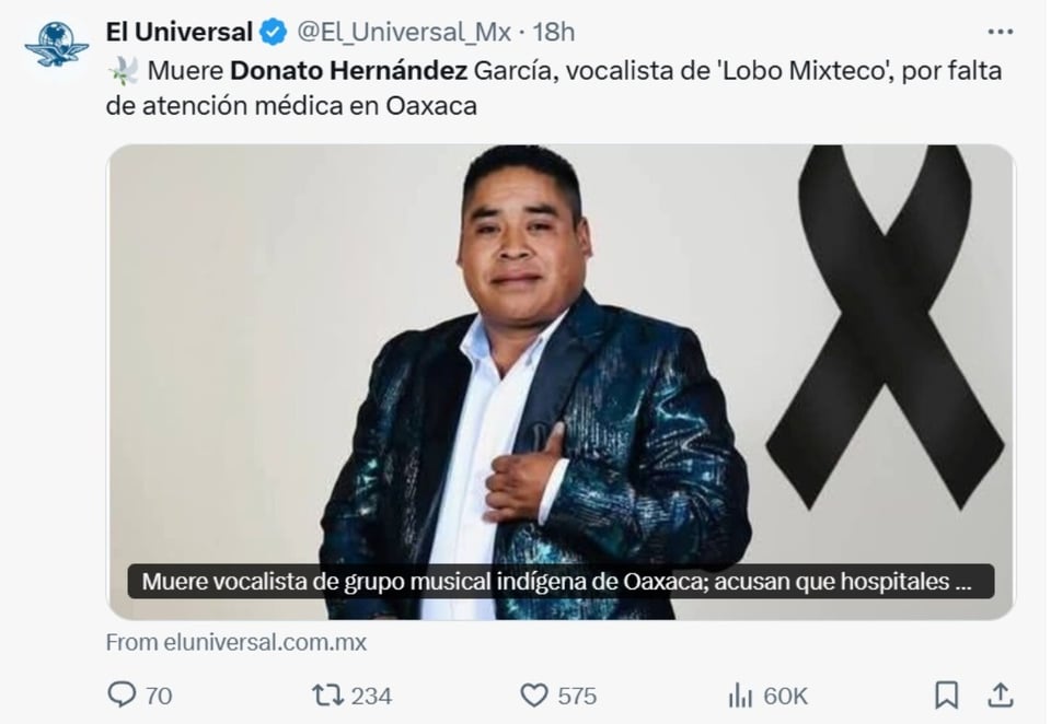 Donato Hernández, Oaxaca, Lobo Mixteco, fallecimiento, MundoNOW