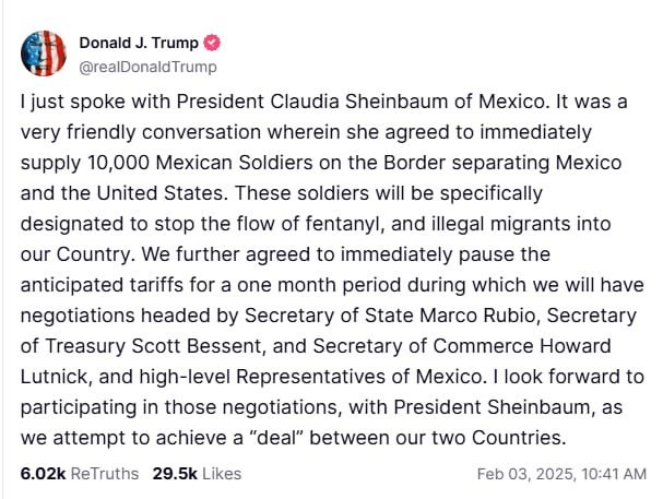 Trump confirma, retraso de aranceles, pacto fronterizo, Mexico