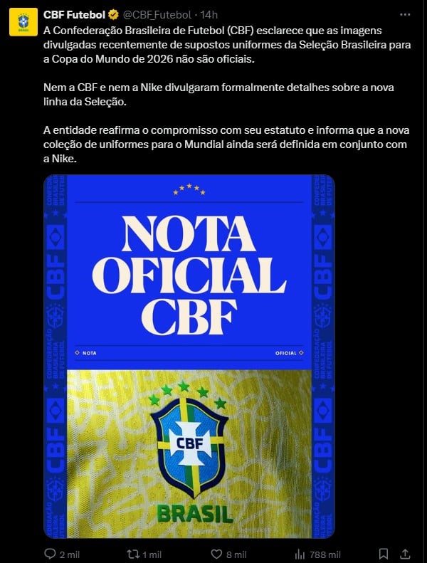 Uniforme Brasil Mundial 2026, no está definido