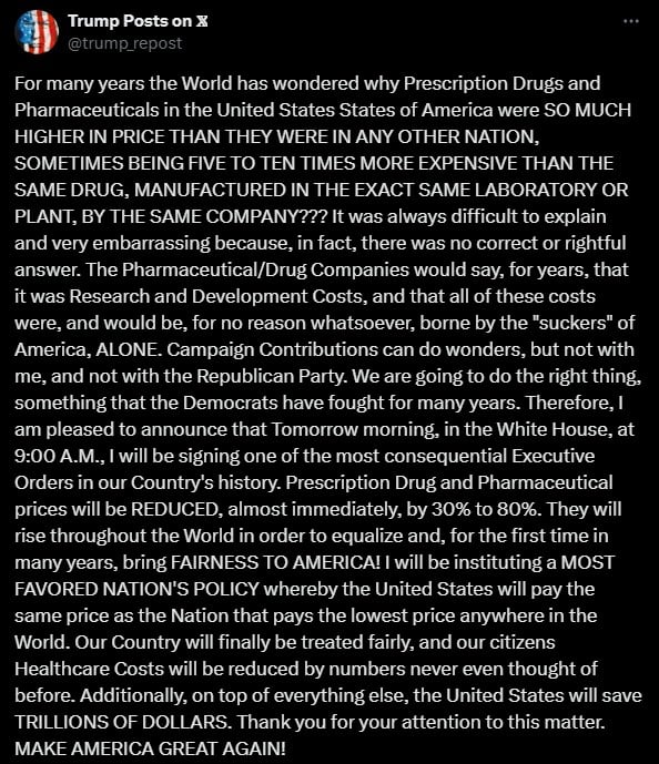 Trump Promises Historic Drug Price Cuts of Up to 80%