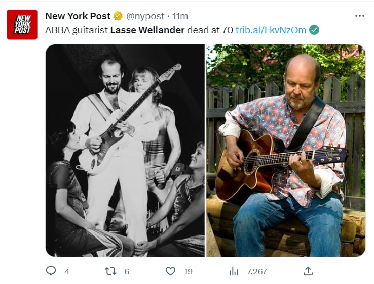 Muere guitarrista Lasse Wellander: "Lloramos su trágica muerte"