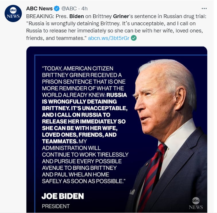 Joe Biden Brittney Griner: ¿Qué sentencia obtuvo Griner?