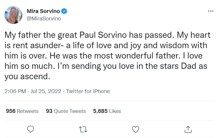 Actor Paul Sorvino dies: "my heart is torn"
