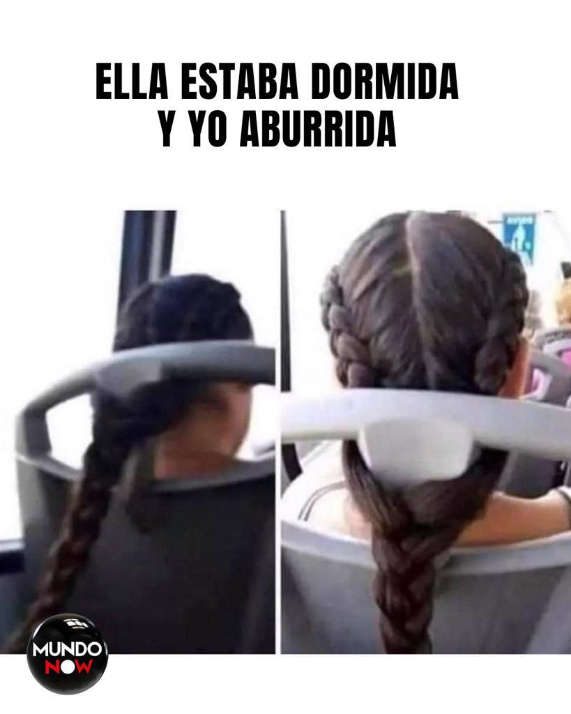 dormida, aburrida, camión, trenza, risa