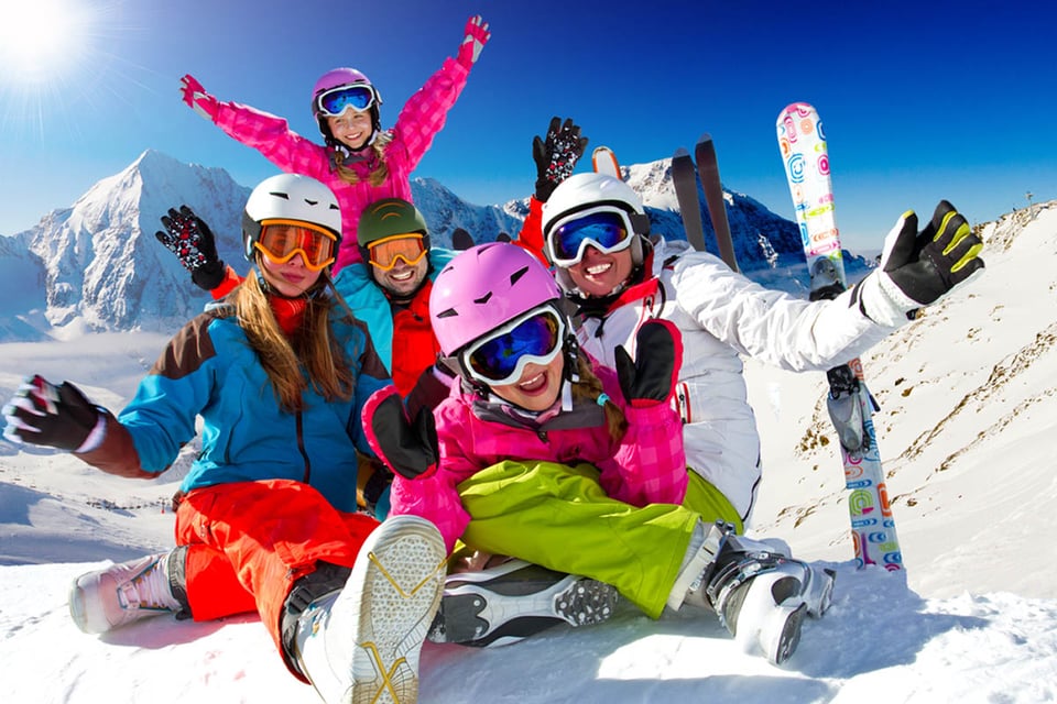 family skiing, vacation, winter, snow