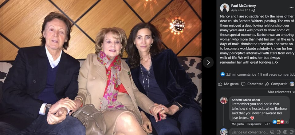 Paul McCartney reveals incredible connection to Barbara Walters