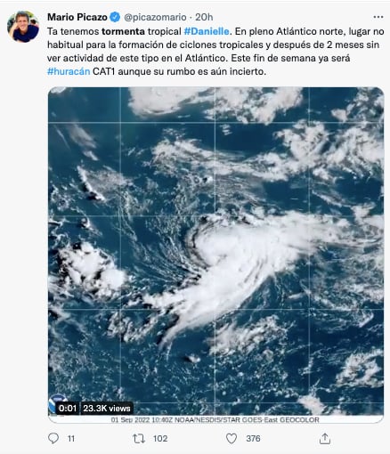 Tormenta Danielle gana fuerza y se espera que se convierta en huracán este viernes