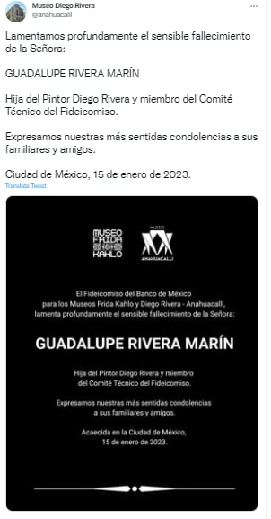 Guadalupe Rivera Marín, daughter of painter Diego Rivera, dies