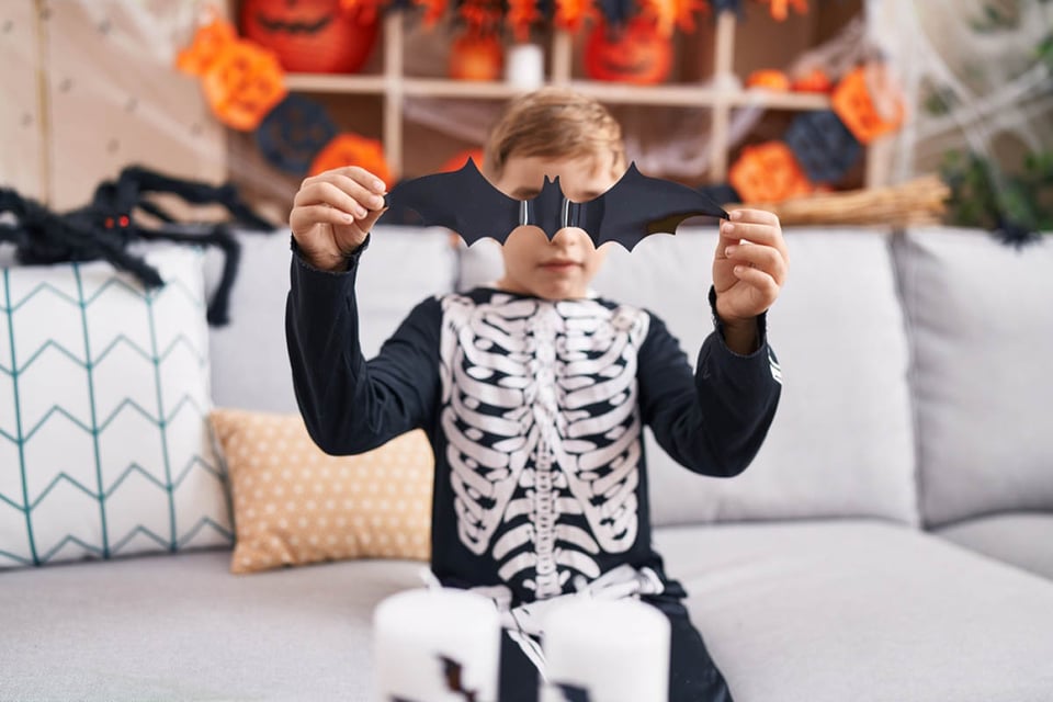 skeleton costume, bat, home