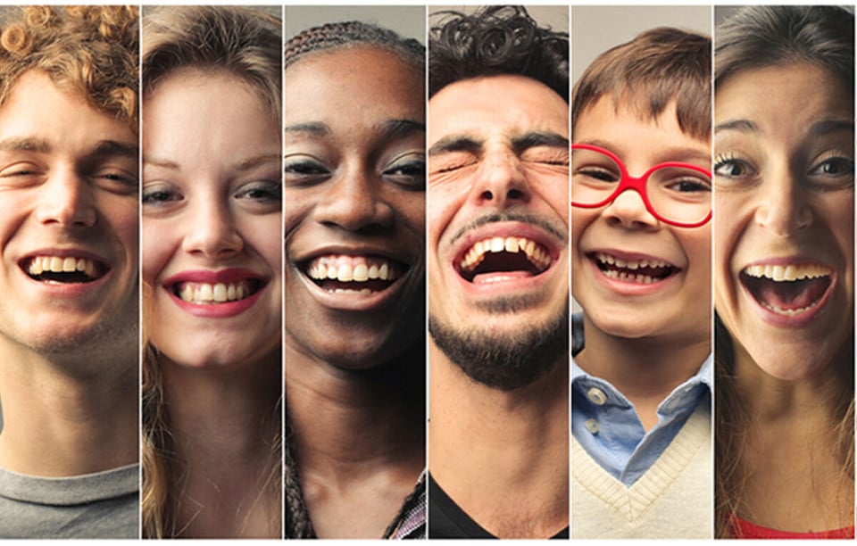 Group of people smiling and laughing, How to be happy