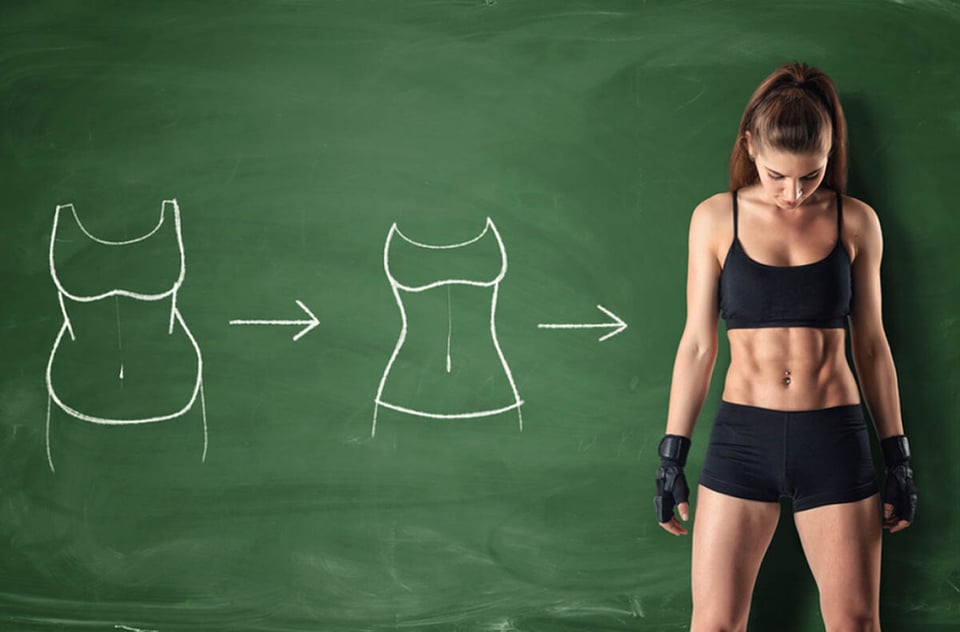Concept of how a girl's body changing, fat belly to perfect waist