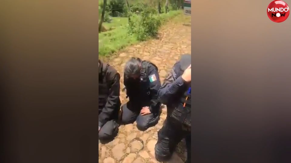 criminal, desafortunado, oficiales, arrodillados, intenso