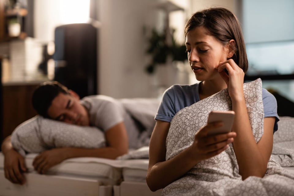 Woman using cellphone, Man sleeping, Partners, Couple, Podcast