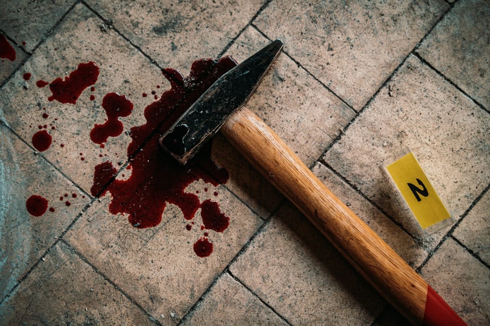 A bloody hammer on the ground