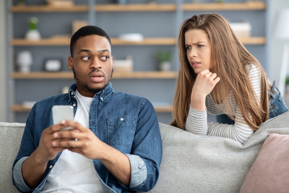 Man with phone, Woman, Living room, Cheating, Podcast