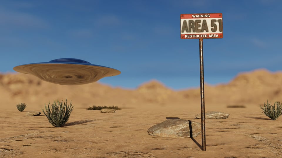 Desert with a sign that says AREA 51 and an UFO