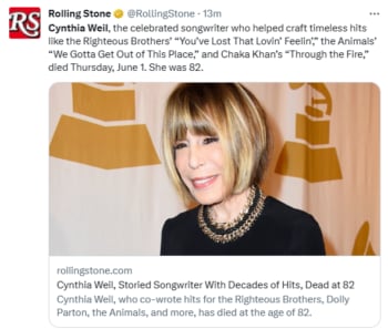 Muere Cynthia Weil