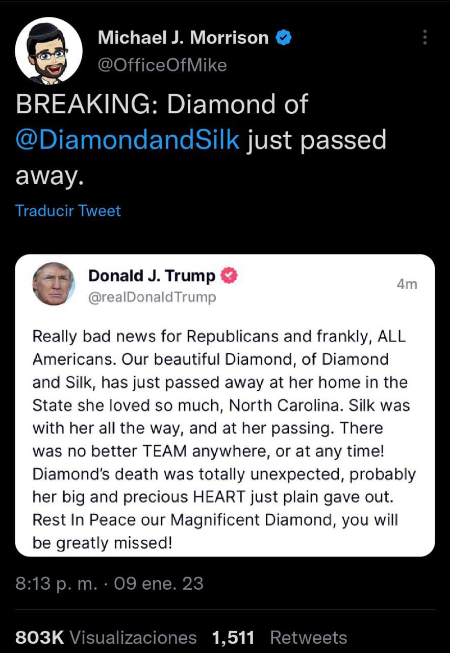 Trump de luto por muerte de Diamond, una de sus más fieles seguidoras