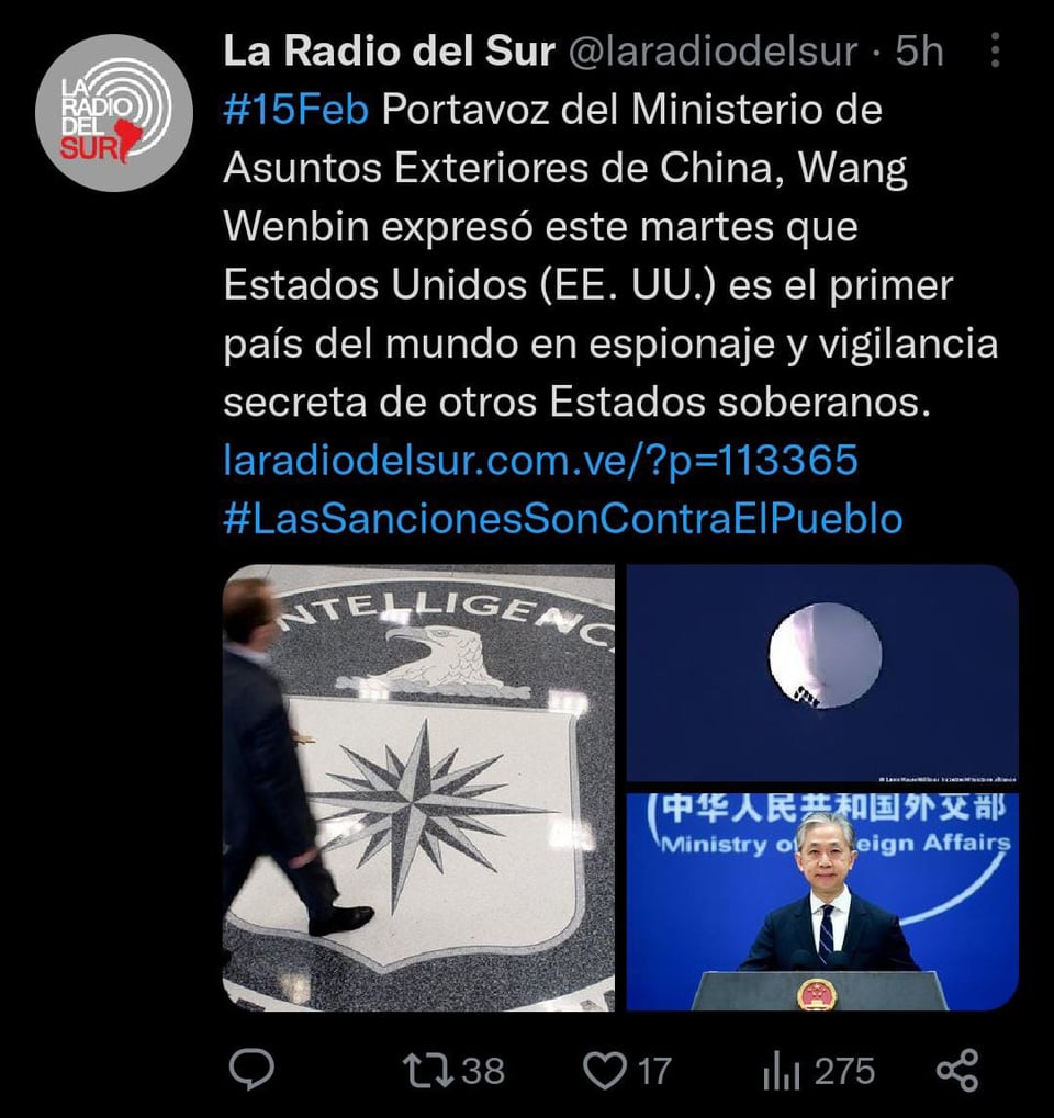 El gobierno chino expresó que EEUU difunde información falsa sobre el globo 'espía'