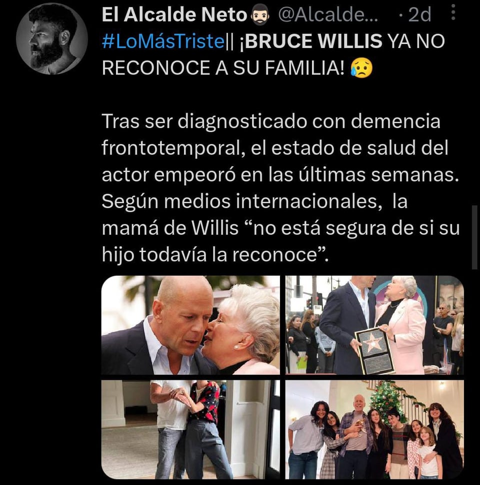 Debido a su diagnostico de demencia señalan que Bruce Willis es más agresivo cada día y ya no reconoce a su madre