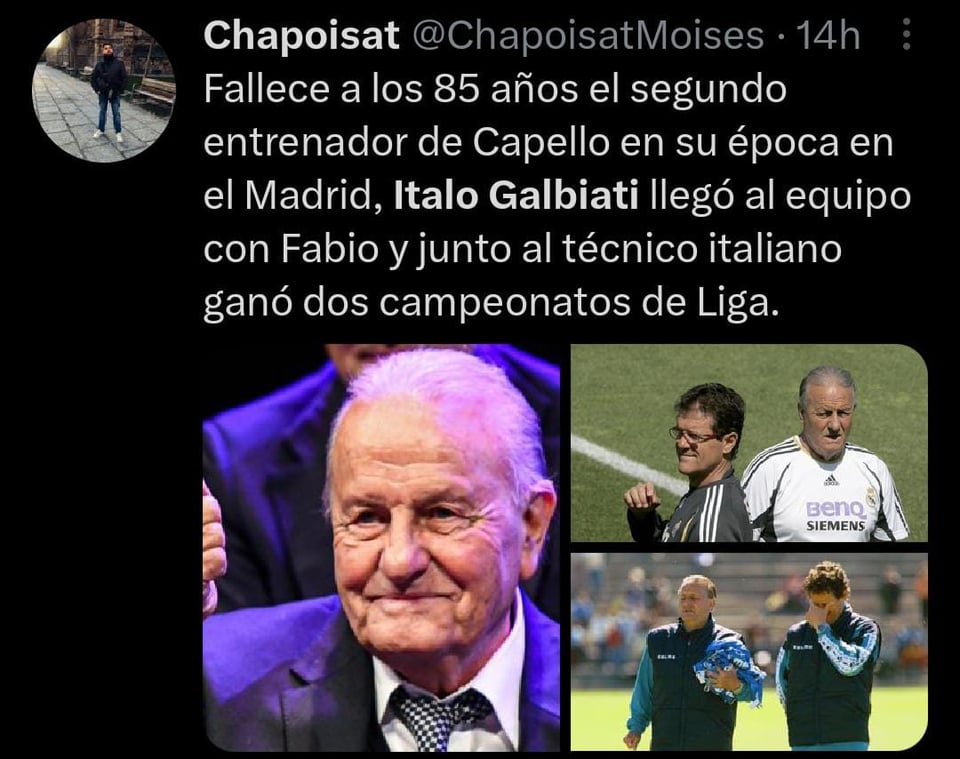 Muere el segundo entrenador de Fabio Capello, Italo Galbiati