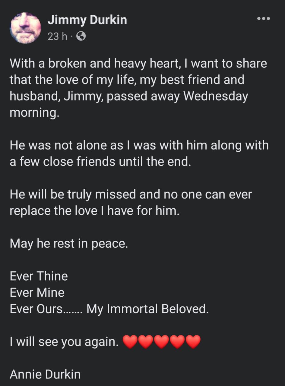 Muere el guitarrista Jim Durkin y su esposa Annie comparte la noticia en Facebook