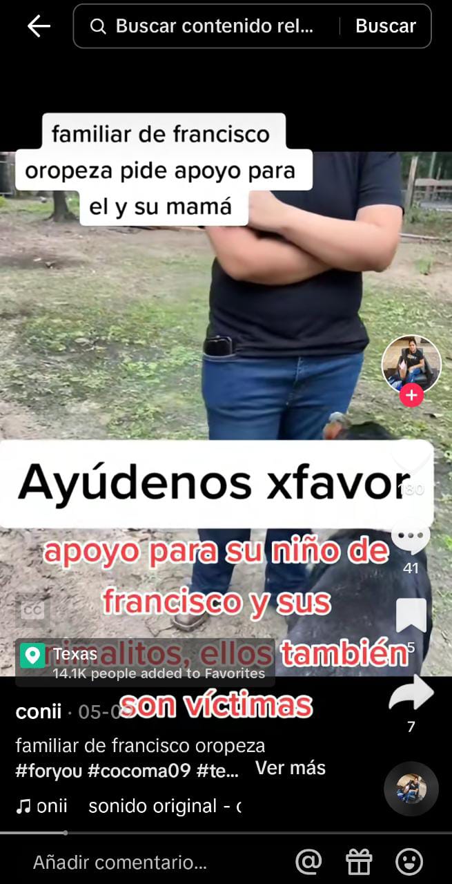 Family member of Francisco Oropeza asks for help for his mother, son of the murderer and his animals