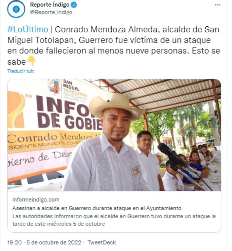 Asesinan al alcalde de Guerrero, Conrado Mendoza Almeda