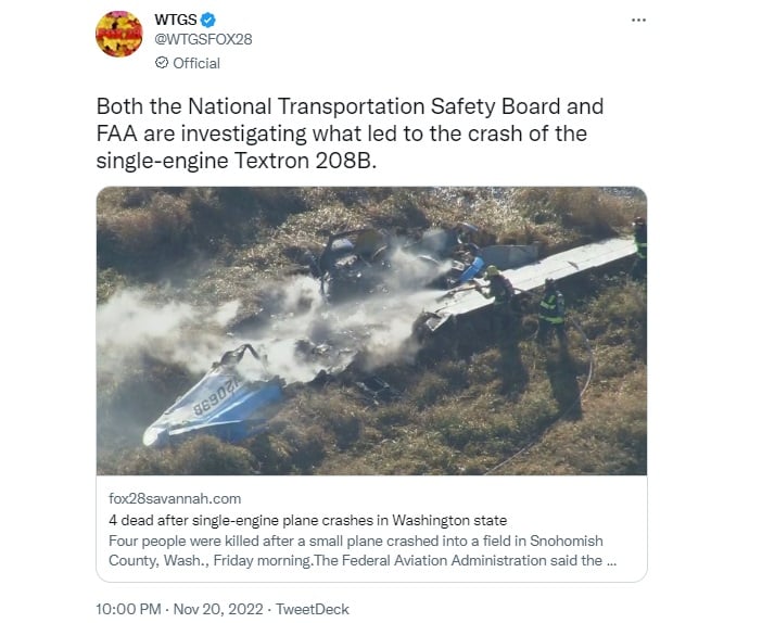 Avioneta se estrella en Washington y confirman cuatro muertos