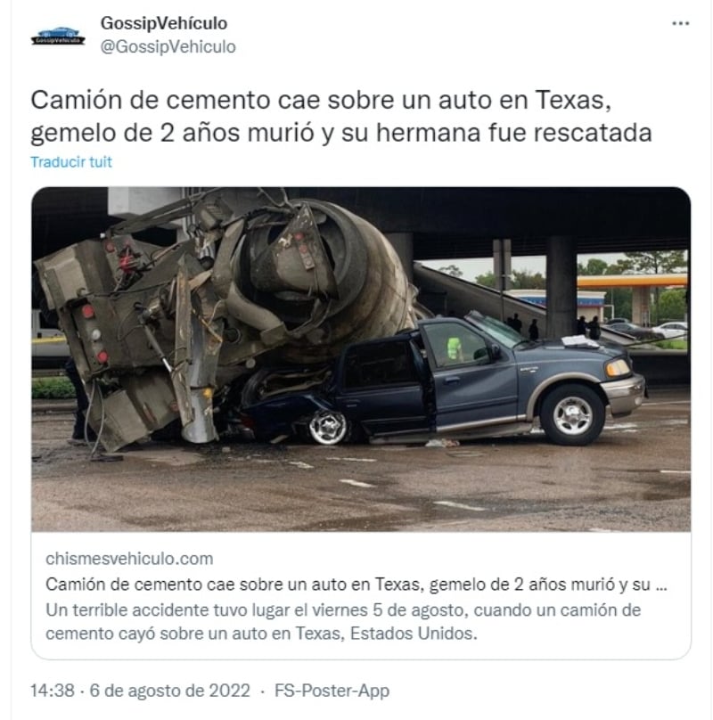 Camión cemento mata gemelo: " Cayó encima de un vehículo con cuatro ocupantes"