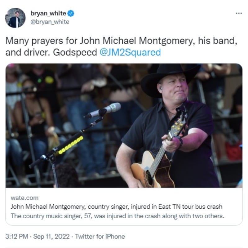 John Michael Montgomery accidente: Reacciona en redes sociales