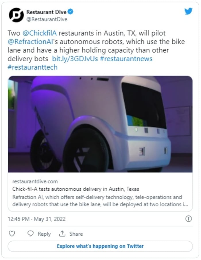 Chick-fil-A tests robot delivery at some restaurants