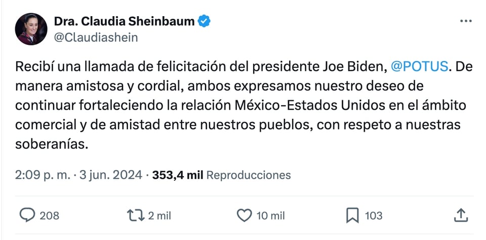 Biden llama a Sheinbaum, mensaje Sheinbaum X, Claudia Sheinbaum, Sheinbaum Biden, MundoNOW