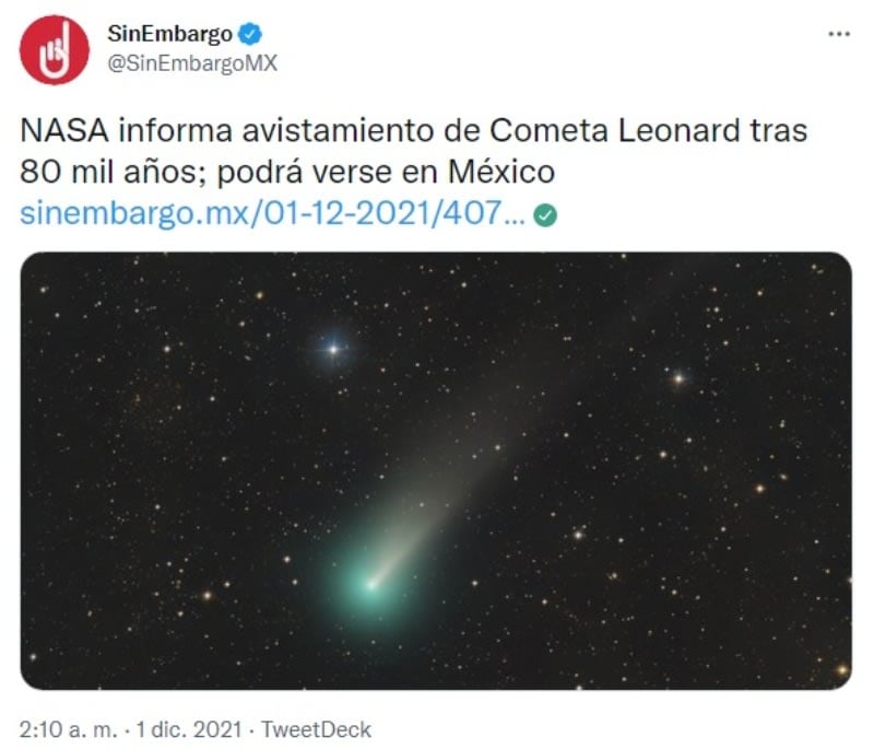 Comet Leonard will pass close to Earth