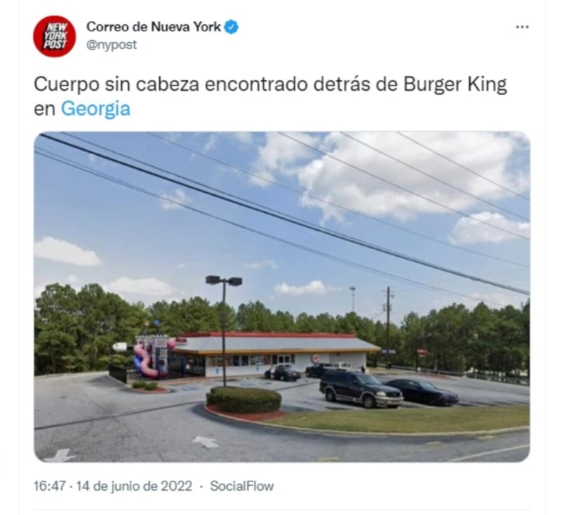Encuentran un cuerpo sin cabeza atrás de Burger King