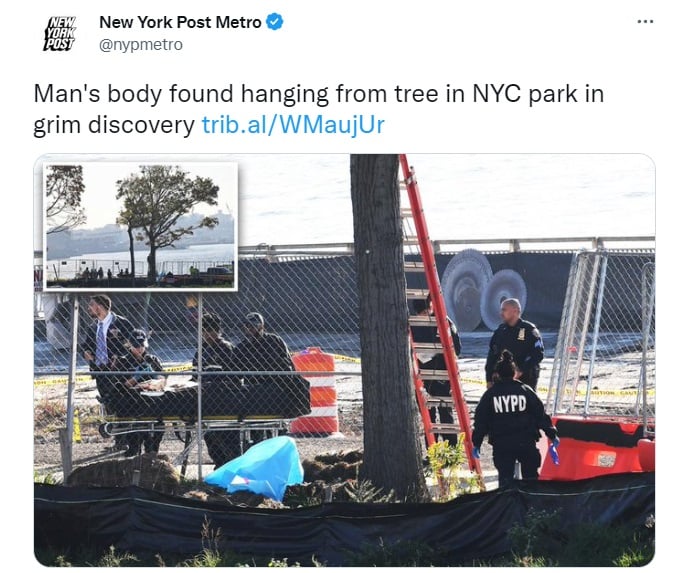 hombre muerto colgado árbol parque Halloween