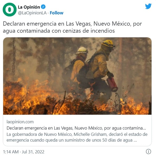 Declaran emergencia en Nuevo México por agua contaminada por incendios