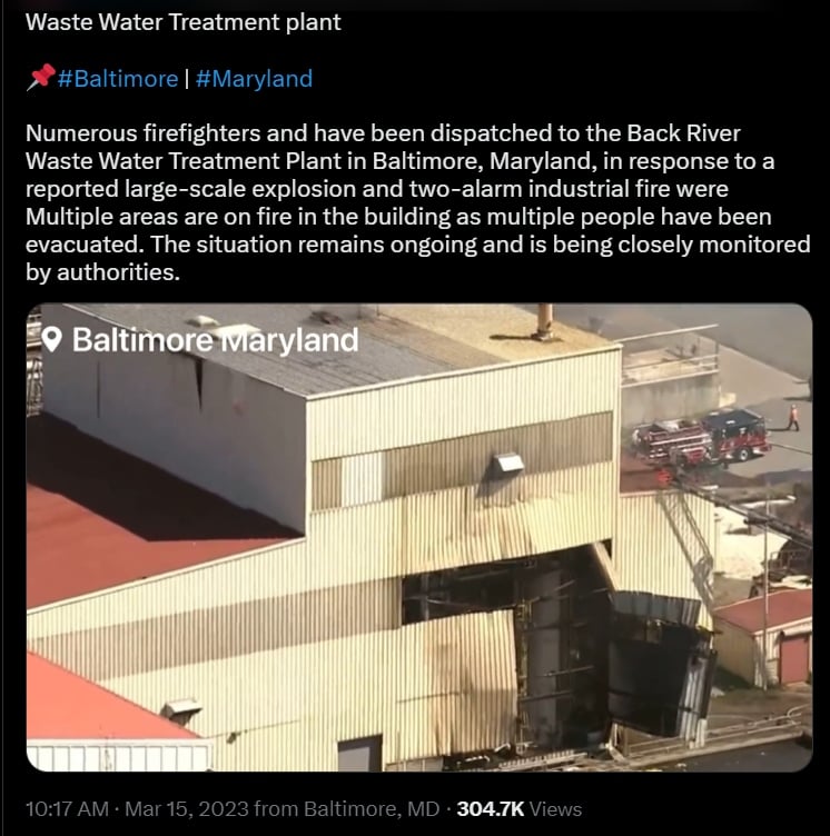 Explosión en planta de tratamiento de aguas residuales en Baltimore, Maryland