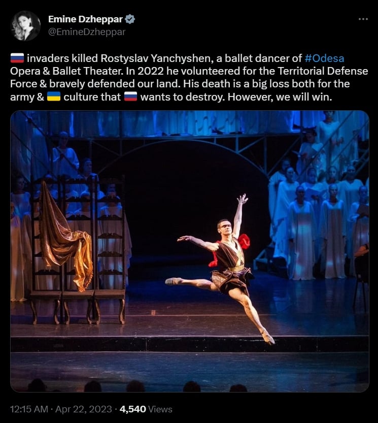 Bailarín de ballet ucraniano muere tras ataque ruso