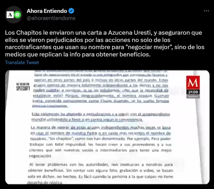 Los Chapitos señalan que los demás cárteles los mencionan para trabajar de una forma "libre"