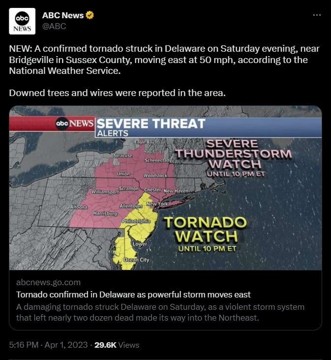Confirman tornado en Delaware, se emitió una alerta de clima severo en varios estados