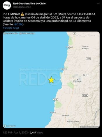 Reporte preliminar: Sismo azota a Atacama, Chile