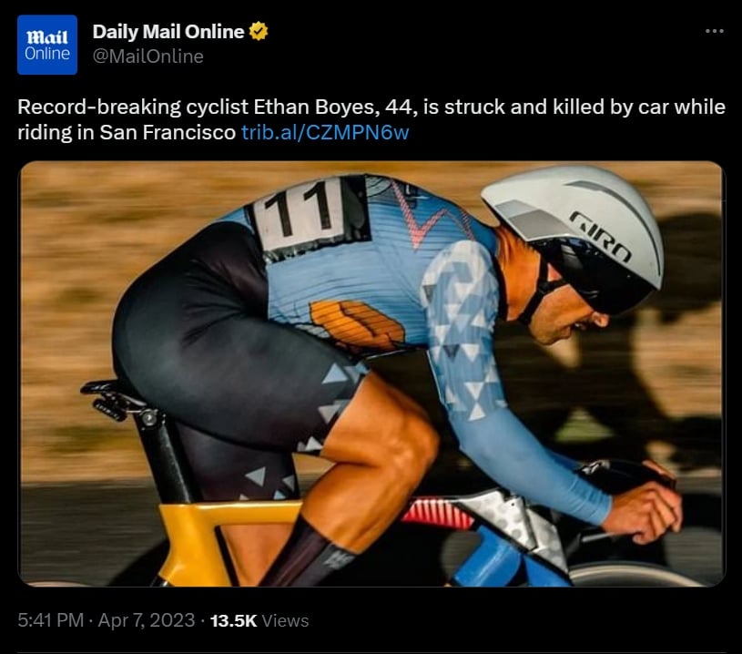 El ciclista Ethan Boyes fue trasladado al hospital, ahí murió