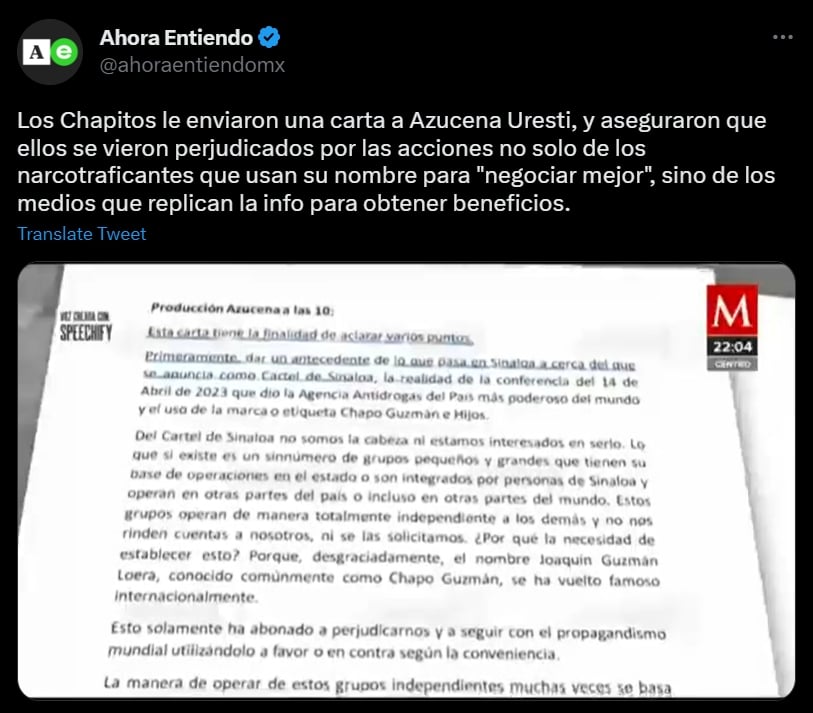 Hijos del Chapo le mandan una carta a Azucena Uresti
