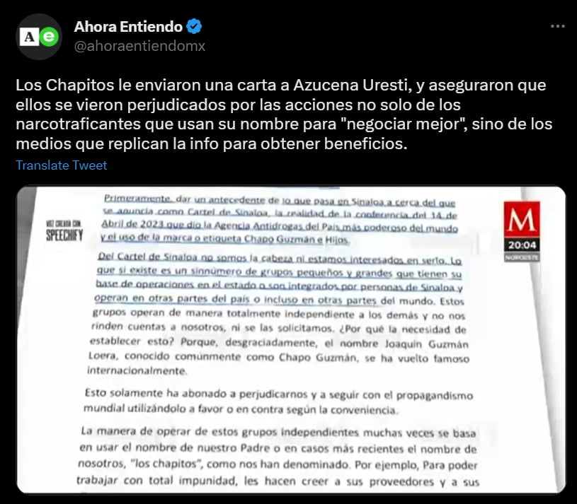 Hijos del Chapo aseguran en la carta a Azucena que no están involucrados con el Cártel de Sinaloa