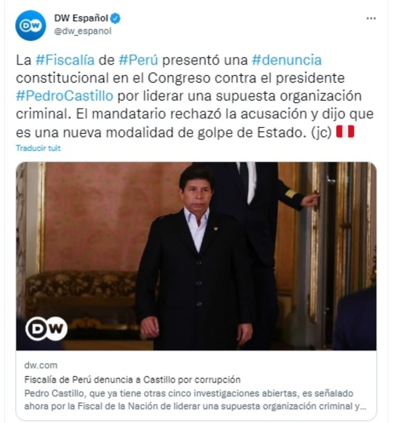 Golpe de Estado Perú: Pedro Castillo recibe denuncia