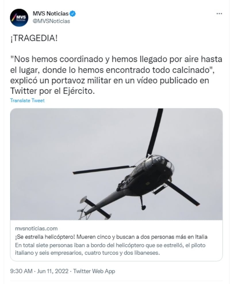 Helicóptero sufre accidente y deja 7 muertos