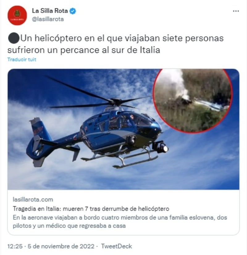 Accidente de helicóptero deja saldo mortal en Italia