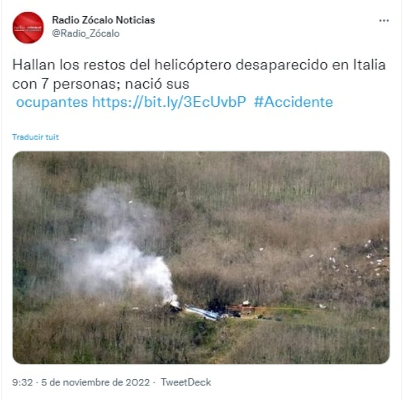 Accidente helicóptero Italia: Todos los tripulantes fallecieron